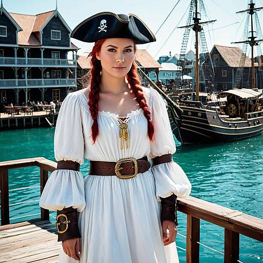 Female Pirate in White Dress on Dock