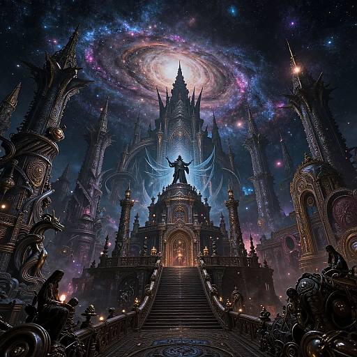 Digital fantasy artwork: Dark, gothic castle with a glowing, spiral galaxy overhead. A silhouetted figure stands at the castle's center,