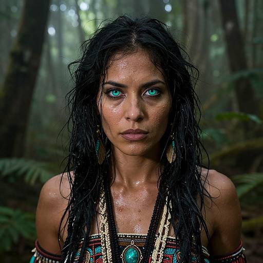 Photograph of a wet-haired woman with glowing blue eyes, wearing a beaded, turquoise-embellished top, standing in a misty forest
