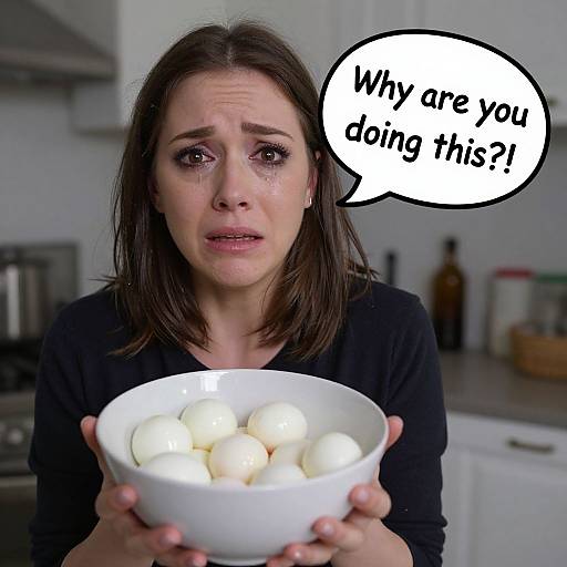 Photograph of a tearful woman with brown hair holding a white bowl of eggs, speech bubble saying 