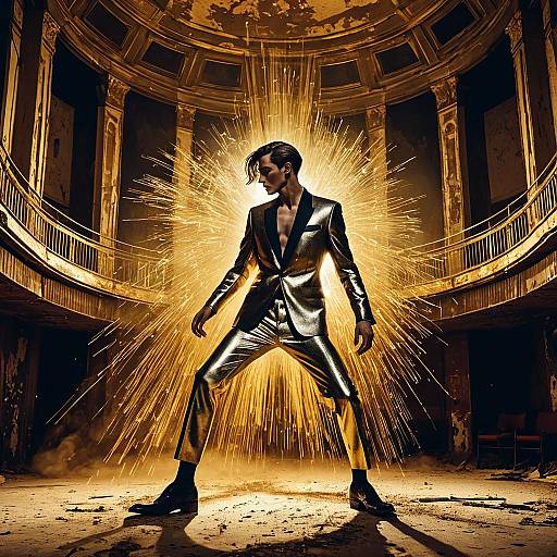 Avant-Garde Male Model in Metallic Suit at Abandoned Theater