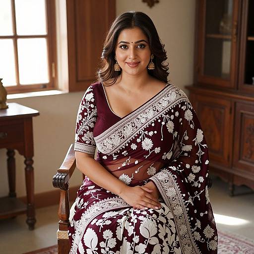 Photograph of a smiling Indian woman with medium skin tone, dark wavy hair, wearing a maroon and white floral saree, seated in a