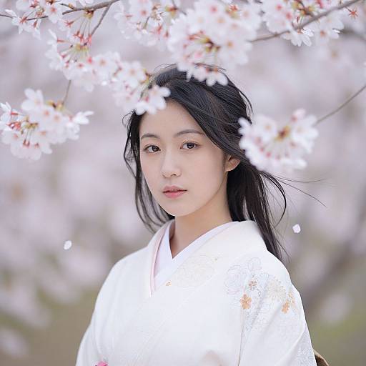 Photograph of an Asian woman with long black hair, wearing a white kimono, surrounded by blooming cherry blossom branches, soft light, serene expression