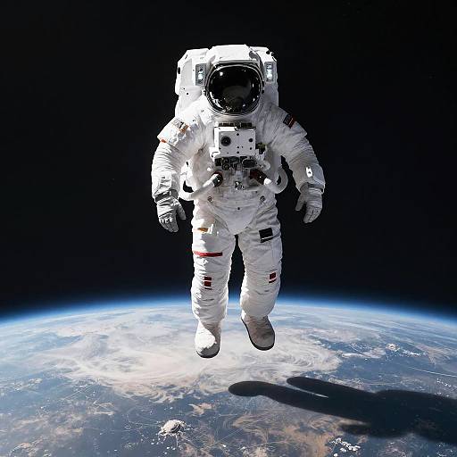 Photograph of an astronaut in a white spacesuit with a black helmet floating above Earth's curved horizon in space, against a black background.