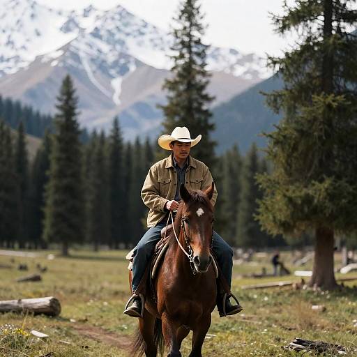 Cowboy Riding Horse in Mountain Forest