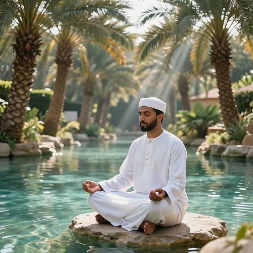 Photograph of a bearded Middle Eastern man in white traditional attire and cap, meditating on a rock in a sunny, palm-tree-lined, turquoise