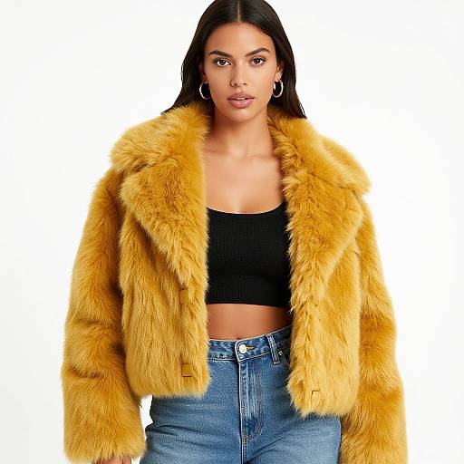 Photograph of a confident woman with long black hair, wearing a yellow fur jacket, black crop top, and high-waisted blue jeans. White
