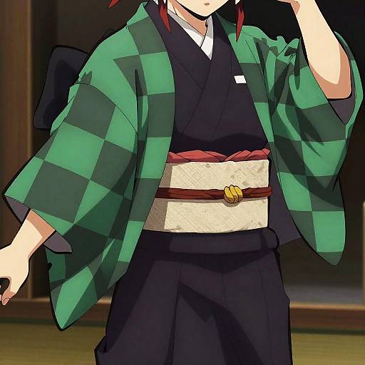 Digital anime-style drawing of a person in a green and black checkered kimono, black hakama, white obi with gold clasp, and