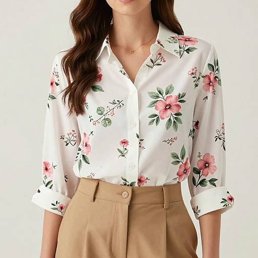 Photograph of a woman wearing a white floral blouse with pink flowers, beige high-waisted pants, and a delicate gold necklace.