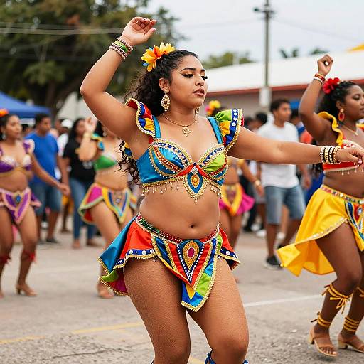 Photograph of a confident, curvy Latina woman dancing in a colorful, traditional Carnival costume with intricate patterns, flower hairpiece, and large earrings,