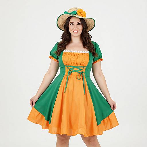 Photograph of a smiling woman with long brown hair, wearing a green and orange dress with lace trim, crisscrossing green ribbons, and