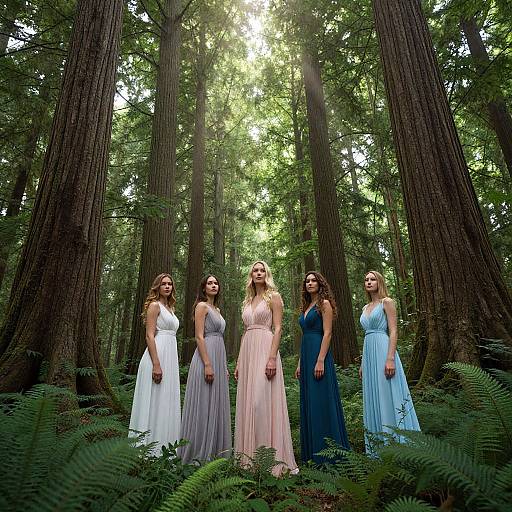Photograph of five women in flowing, pastel dresses standing in a sunlit redwood forest, surrounded by tall trees and lush greenery.