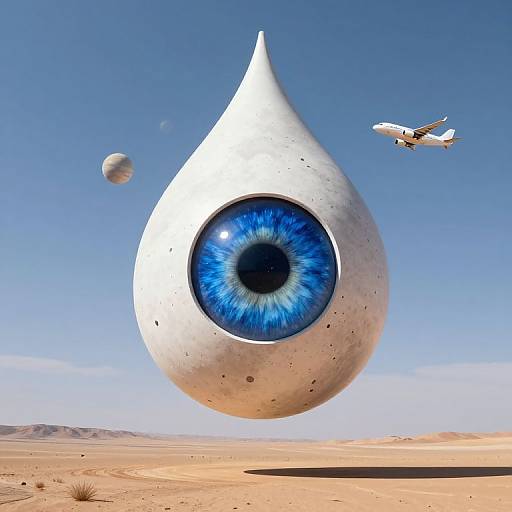 Photorealistic CGI: A massive, white, teardrop-shaped structure with a vivid blue eye centered in a desert, flying plane in clear blue