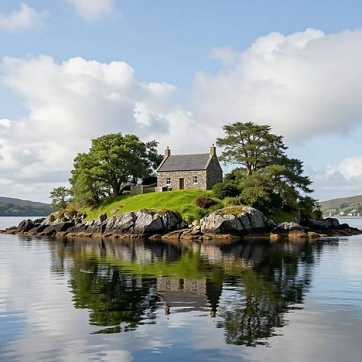 Stone Cottage on Small Island with Reflection