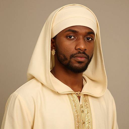 Photograph of a serious Black man with a beard wearing a cream-colored traditional Islamic garment and headscarf, with gold earrings.