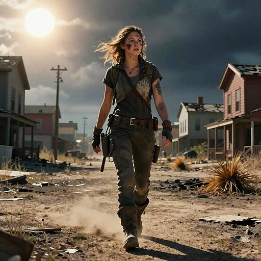 Photograph-style digital artwork of a determined, blonde, female warrior running through a sunlit, abandoned, war-torn street, wearing tactical gear and