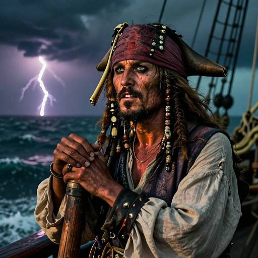 Photorealistic image of a weathered, bearded pirate with tattered hat and dreads, clasping a ship's railing during a stormy