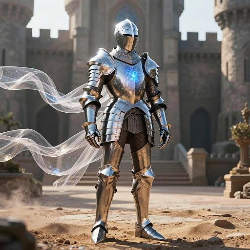 Photorealistic CGI of a shining silver-armored knight with a flowing transparent cape, standing in a sunlit medieval castle courtyard.