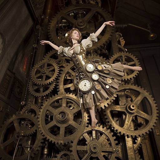 Steampunk girl with mechanical gears floating amidst large gears, wearing a brass corset and skirt, arms outstretched, in a dimly lit
