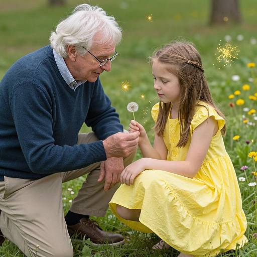 Photograph of an elderly man with white hair and glasses, wearing a navy sweater and beige pants, kneeling beside a young girl in a yellow dress,