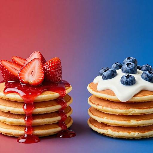 Photograph of two stacked pancakes: left with strawberries and red syrup, right with blueberries and white cream, against a gradient red-to-blue background.