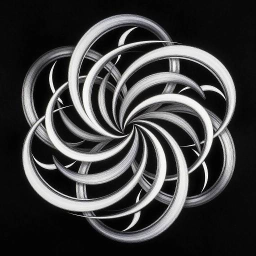 Digital abstract art: Bright white, swirling, circular brushstrokes with glowing edges against a solid black background, creating a dynamic, hypnotic pattern.