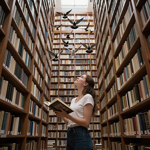 Photograph of a young woman with wavy brown hair, wearing a white t-shirt and blue jeans, reading a book in a tall, narrow library