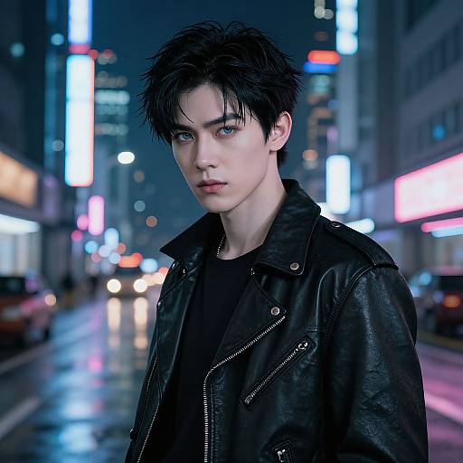 Photograph of a pale, androgynous young man with messy black hair, wearing a black leather jacket, standing in a neon-lit,