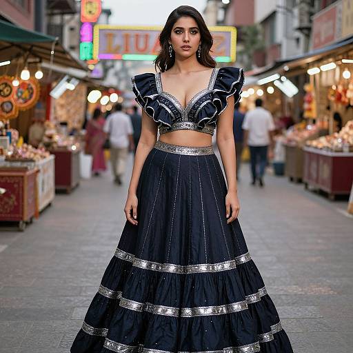 Photograph of a young woman with medium skin tone and dark hair, wearing a black, silver-embellished, ruffled crop top and long