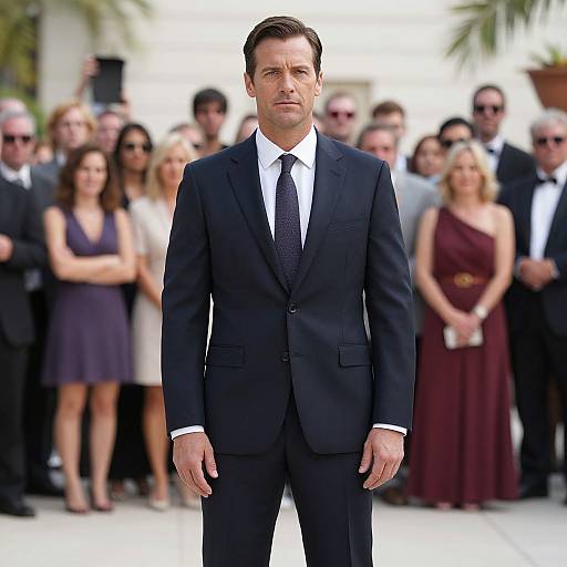 Photograph of a handsome man in a black suit, white shirt, and black tie, standing confidently in front of a blurred crowd of formally dressed people