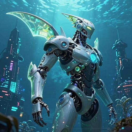 Digital art of a futuristic, glowing, white robotic humanoid with neon blue accents standing in a neon-lit, underwater cityscape.