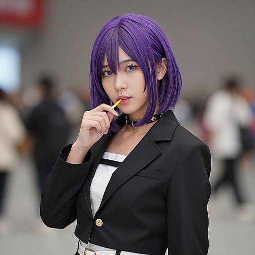 Digital anime-style photograph of a young woman with purple bob hair, black blazer, white top, and choker, licking a lollipop in a