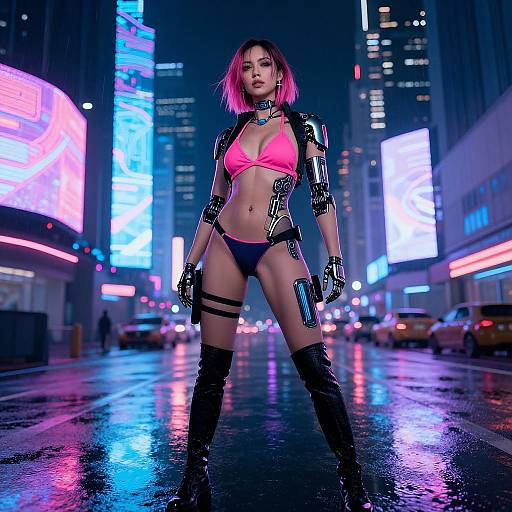 Cyberpunk night scene: Asian woman with pink bob, neon pink bikini, black armor, thigh-high boots, and gloves, standing confidently in a