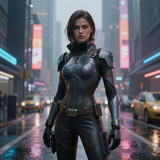 Photorealistic CGI of a serious, dark-haired woman in a black, armored leather suit standing in a rainy, neon-lit city street with blurred