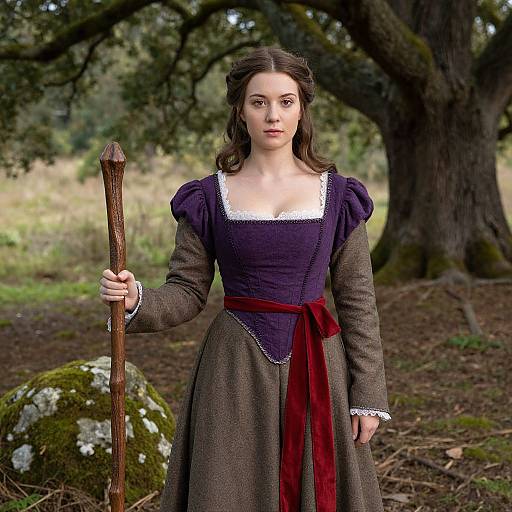 Photorealistic digital image of a young woman with fair skin, brown hair, wearing a dark purple dress with white lace, red sash, and