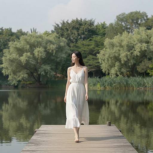 Woman in White Dress Walking on Lake Dock