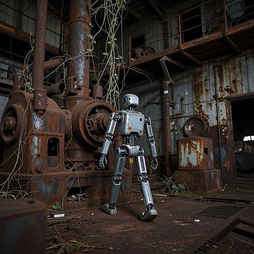 Photograph of a silver robot standing in a rusted, abandoned industrial warehouse with vines creeping on machinery and rusty pipes.