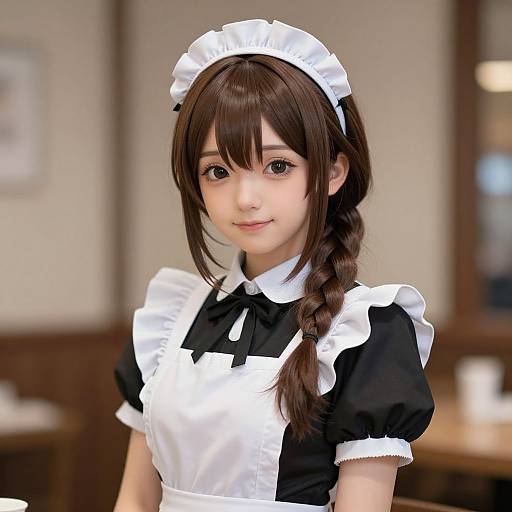 Photorealistic anime-style digital artwork of a young, fair-skinned Japanese woman with long brown hair in a braid, wearing a classic black and