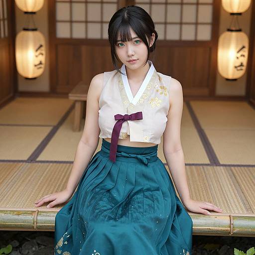 Confident Asian Woman in Fusion Hanbok