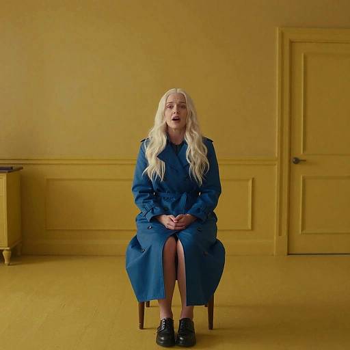 Photograph of a pale-skinned woman with long platinum blonde hair, wearing a blue coat dress and black shoes, seated in a yellow room with a