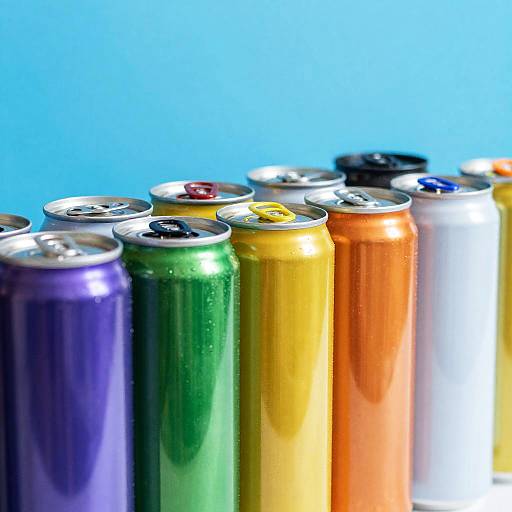 Photograph of colorful aluminum cans in a row, including purple, green, yellow, orange, and silver, against a bright blue background.