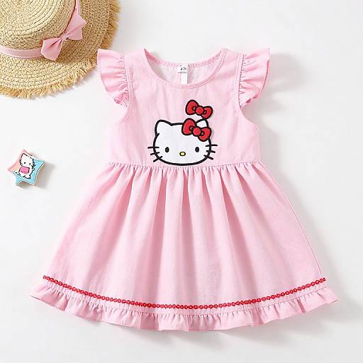 Photograph of a pink Hello Kitty dress with red bow, ruffled sleeves, and hem, next to a straw hat and Hello Kitty sticker.