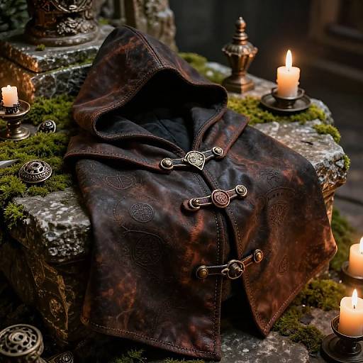 Medieval-style, dark brown hooded cloak with intricate patterns, adorned with silver clasps, draped over moss-covered stone, surrounded by lit candles in