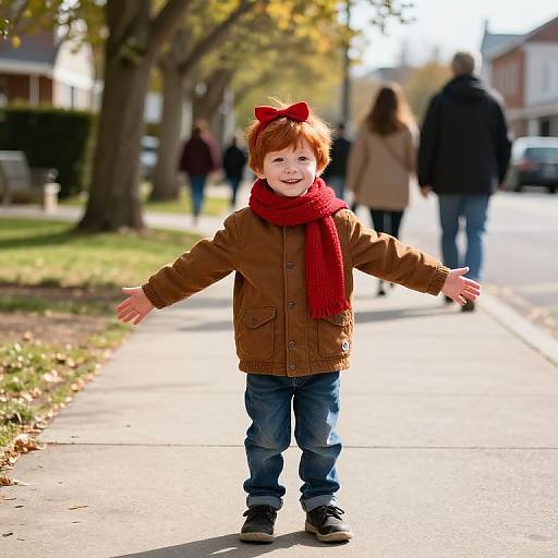 Cheerful Red-Haired Boy on Sidewalk