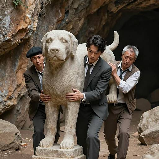 Men Struggling with a Stone Dog