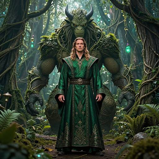 Digital fantasy artwork of a long-haired woman in an ornate green dress standing before a towering, muscular, dragon-like creature in a mystical forest.
