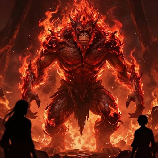 Digital illustration of a muscular, red-furred, fiery demon with horns, glaring at silhouetted figures in a blazing background.