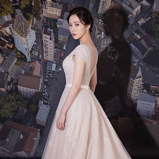 Aerial photograph of an Asian woman in a white, lace-embellished, ball-gown dress, looking over her shoulder, standing above a