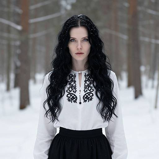 Photograph of a pale-skinned woman with long black hair, wearing a white lace-trimmed blouse and black skirt, standing in a snowy forest