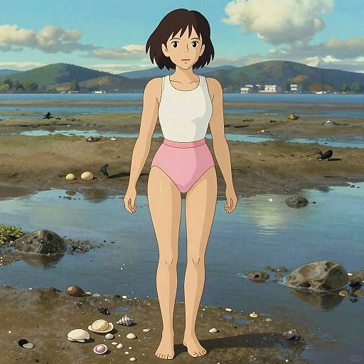 Woman in Color Block Swimwear by Shore